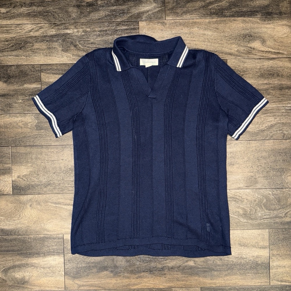 Aeropostale Tipped Open-Knit Short-Sleeve Sweater Polo Men's Medium Navy Blue